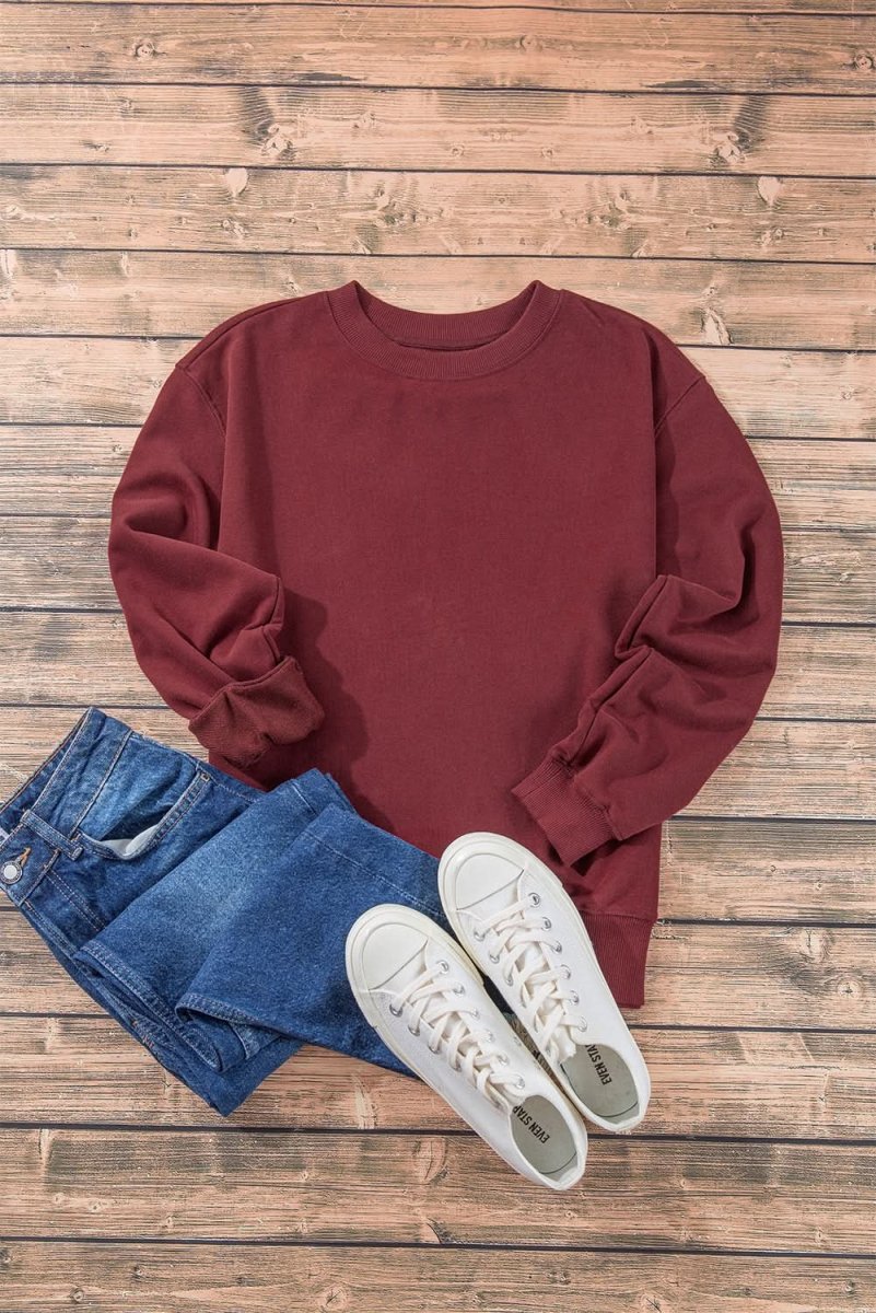 Burgundy Plain Drop Shoulder Crewneck Pullover Sweatshirt - Love Salve